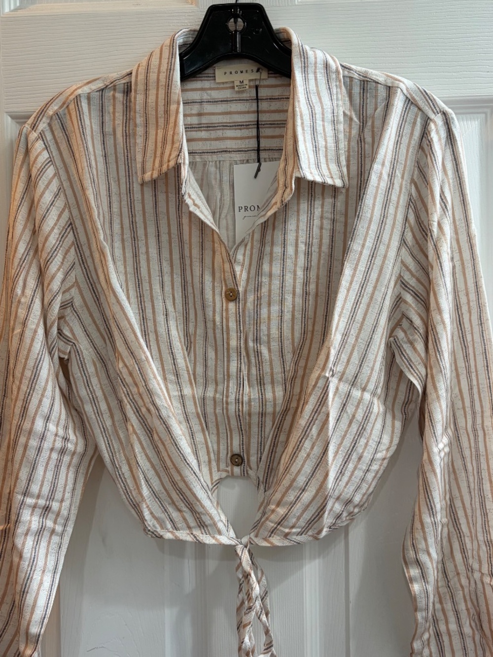 New Promesa Crop Top Long Sleeve Shirt Tie Front Boho Button Collar Medium - Picture 3 of 7